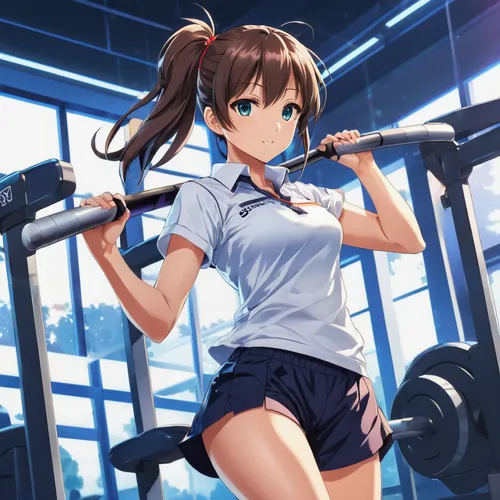 best quality, masterpiece, a schoolgirl in sport attire doing exercise at the gym, tight white shirt and dark shorts, ,mikuru asahina,kantai collection sailor,gym girl,lifting,heavy cruiser,fitness ro