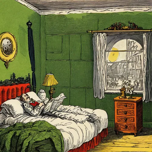 kate greenaway,children's bedroom,the little girl's room,bedroom,hans christian andersen,vintage illustration,woman on bed,john atkinson grimshaw,children's room,book illustration,guestroom,sleeping room,boy's room picture,guest room,july 1888,bedroom window,vintage ilistration,christmas room,the girl in nightie,the victorian era,Art,Classical Oil Painting,Classical Oil Painting 39