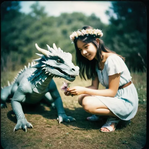 18yo girl with flower crown playing with pet dragon,lubitel 2,studio ghibli,spring unicorn,dragon li,vintage children,my little pony,forest dragon,vintage asian,unicorn,agfa,dragon of earth,girl with 