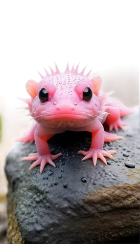 Axolotl, Mexican salamander, cute, cartoon-style, big eyes, feathery gills, pinkish-brown skin, translucent fins, sitting on rock, water drops on skin, soft focus, shallow depth of field, warm lightin