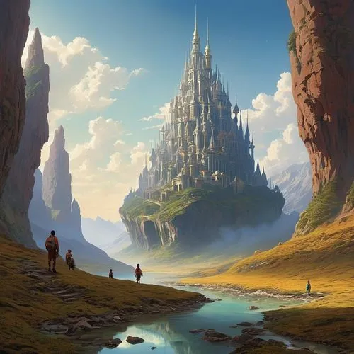 In this otherworldly landscape, colossal castles glide across immense mountains, their grandeur matching the vastness of the surroundings. Crystal-clear rivers flow from these castles, cascading into 