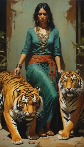 illuminatii woman transfering a cat soul to a tiger,a person sitting with two tigers in front of a door,bengal,jayanthi,vidyalankar,shakuntala,durga,mamta,Conceptual Art,Fantasy,Fantasy 15