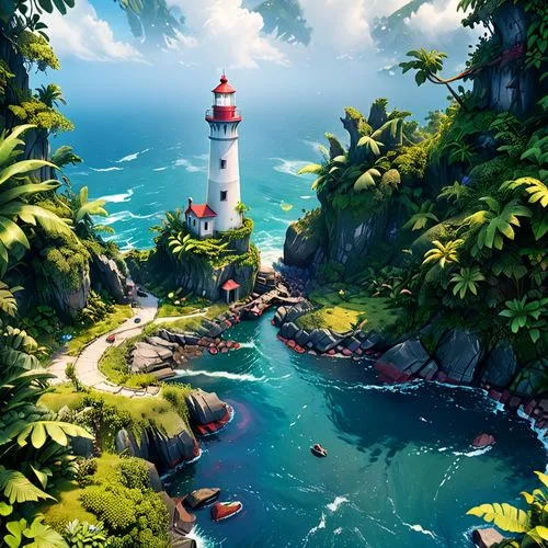 an artist's impression of a lighthouse, body of water, and boat,lighthouse,lighthouses,red lighthouse,beautiful wallpaper,world digital painting,light house,Anime,Anime,General