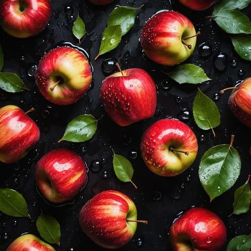 On black marble with a puddle underneath, 
 red apples with water droplets and leaves,red apples,apfel,apple pattern,apples,manzanas,basket of apples,manzana,apple harvest,apple pair,rose apples,necta