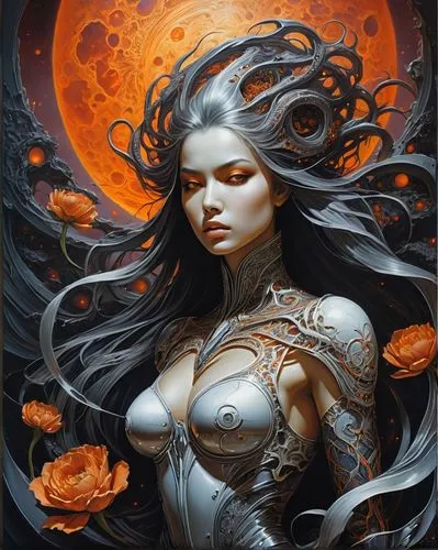 fantasy art,fantasy portrait,sorceress,rosa ' amber cover,widow flower,moonflower,fantasy woman,the enchantress,heroic fantasy,medusa,orange rose,zodiac sign libra,andromeda,mystical portrait of a girl,fantasy picture,warrior woman,priestess,artemisia,sun roses,flower of passion,Illustration,Realistic Fantasy,Realistic Fantasy 47