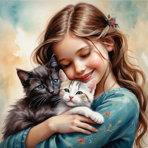 tenderness,cat lovers,romantic portrait,little boy and girl,cat love,oil painting on canvas,little girl and mother,oil painting,children's background,vintage boy and girl,affection,cute cartoon image,cute cat,childs,little girls,art painting,sweetness,kittens,two cats,felines,Conceptual Art,Daily,Daily 34