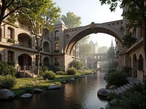 Ancient stone bridges, ornate archways, Byzantine-inspired architecture, intricate carvings, golden accents, rustic stonework, grandiose pillars, sweeping curves, majestic river crossings, serene natu