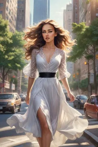 woman walking,sprint woman,world digital painting,girl walking away,girl in a long dress,a pedestrian,pedestrian,sci fiction illustration,digital compositing,elphi,female runner,little girl in wind,a girl in a dress,city ​​portrait,scarlet witch,girl in a long,cg artwork,wonder woman city,fantasy woman,fantasy art,Photography,Realistic