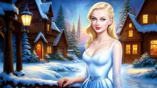 Romantic masterpiece oil painting, cute girl portrait, nostalgic 1950's style kitsch, breathtaking beautiful winter kingdom landscape, majestic fantasy scenery, evening lighting, highly detailed highr