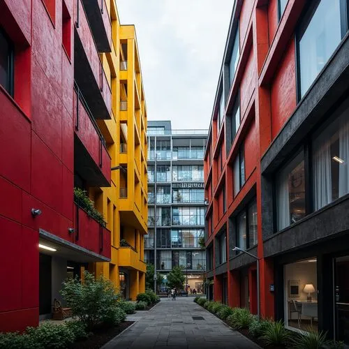 Vibrant industrial buildings, bold geometric shapes, primary color accents, metallic materials, exposed ductwork, urban cityscape, overcast sky, dramatic shadows, high-contrast lighting, abstract comp