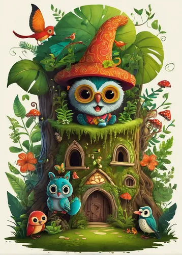 fairy house,treehouse,bird house,birdhouses,birdhouse,bird kingdom,tree house,bird bird kingdom,fairy village,animal tower,kids illustration,cartoon forest,wooden birdhouse,bird home,nest workshop,spring nest,whimsical animals,woodland animals,forest animals,fairy forest,Illustration,Paper based,Paper Based 14