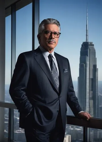 Gary R. Steffy, architectural lighting designer, male, 50s, bespectacled, grey hair, formal attire, suit, tie, standing, office, modern interior, cityscape, skyscraper, glass ceiling, steel beams, min