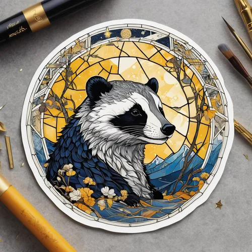 glass painting,raccoon,badger,north american raccoon,painting pattern,raccoons,whimsical animals,panda,pencil icon,gold foil art,hand painting,sun moon,meticulous painting,woodblock printing,chinese panda,watercolor tea,mustelid,rock painting,hand-painted,watercolor,Unique,Design,Sticker