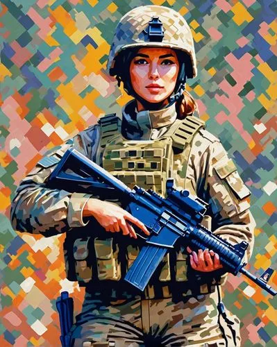 wpap,military camouflage,girl with gun,afghanistan,pixel art,girl with a gun,gi,girl-in-pop-art,popart,woman holding gun,vector girl,operator,armed forces,camo,military,us army,infantry,military person,vector,cool pop art,Conceptual Art,Oil color,Oil Color 10