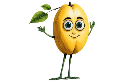 Cartoon cashew, smiling face, big eyes, bright yellow skin, green leaves on top, shiny surface, detailed texture, holding itself, standing pose, whimsical expression, colorful background, soft focus, 