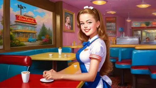 Romantic kitsch masterpiece oil painting, cute waitress girl portrait, 1 girl, classic 1950's style diner, nostalgic retro American vintage scenery, by Thomas Kinkade, high res,retro diner,waitress,ca