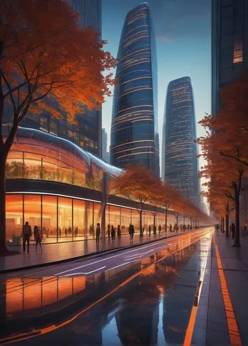 Futuristic consilium, urban design, sleek architecture, steel beams, glass facade, curved lines, neon lights, cityscape, metropolitan area, evening time, sunset, warm orange lighting, misty atmosphere