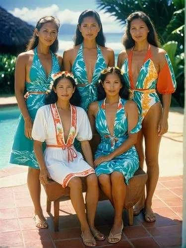 Middle aged Women in nostalgic bikinis by the pool.,a group of women in bathing suits sitting by a pool,micronesians,tuvaluans,polynesians,tahitians,marshallese,wahine,Photography,Documentary Photogra