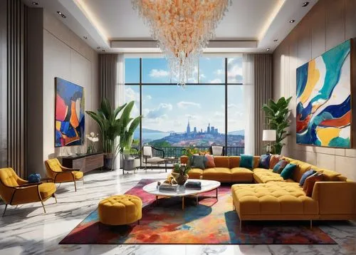 Modern 3D interior design rendering, luxurious living room, high ceiling, grand chandelier, marble floor, white walls, large windows, city view, night scene, soft box lighting, realistic materials, de