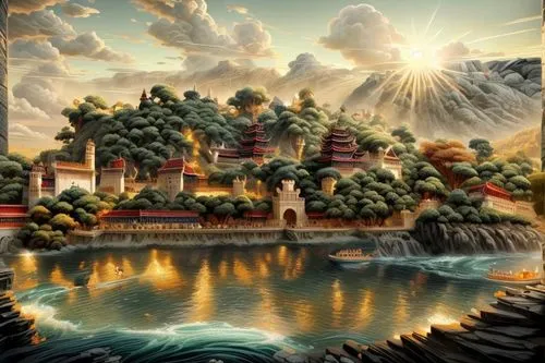 fantasy landscape,fantasy picture,fantasy art,landscape background,oriental painting,manjushri