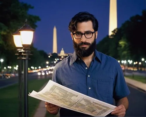 Architectural designer, DC, male, 30s, casual wear, glasses, short black hair, beard, holding blueprints, standing, urban background, Washington Monument, evening, streetlights, warm lighting, shallow