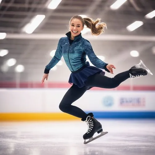 Figure skater, Reddit community, young adult, athletic build, sporty outfit, sparkling ice, winter atmosphere, indoor rink, dynamic pose, twisting jump, flying legs, flowing ponytail, shiny skates, bo