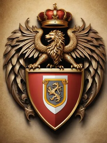 Family crest, coat of arms, intricate design, ornate details, golden frame, medieval inspiration, heraldic symbols, lion, eagle, dragon, shield, helmet, mantle, scroll, motto, Latin phrases, elegant f