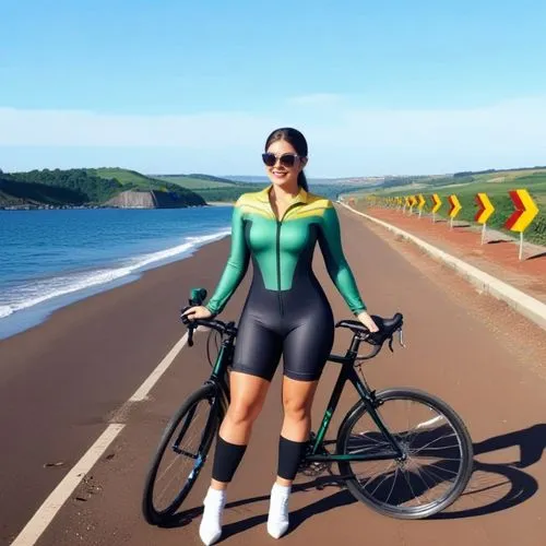 a woman on a road next to the ocean and holding a bike,lycra,cycling,road cycling,woman bicycle,spokewoman,eurovelo