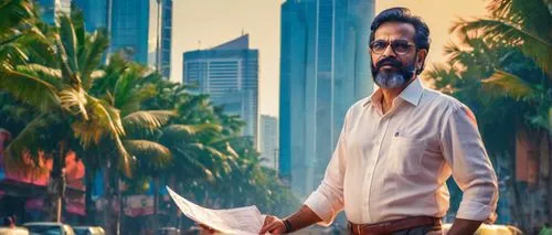 Middle-aged, mature architect, bespectacled, black hair, trimmed beard, white shirt, formal trousers, leather shoes, holding blueprints, standing, Chennai cityscape, modern skyscrapers, busy streets, 