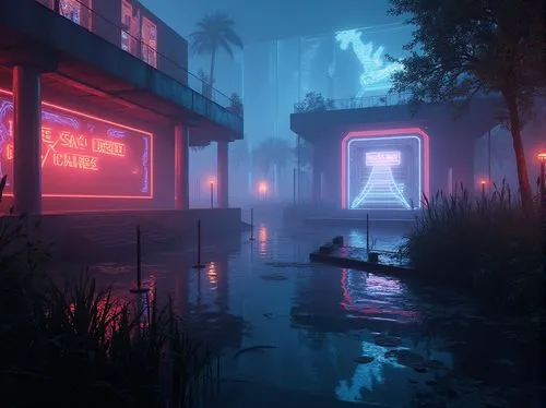 lagoon,swamps,midwater,bayou,neon arrows,swamp,environments,neon sign,neon ghosts,flooded pathway,canals,cyberscene,backwater,night scene,dusk,kovco,geist,riverdeep,3d render,vapor,Photography,General,Realistic