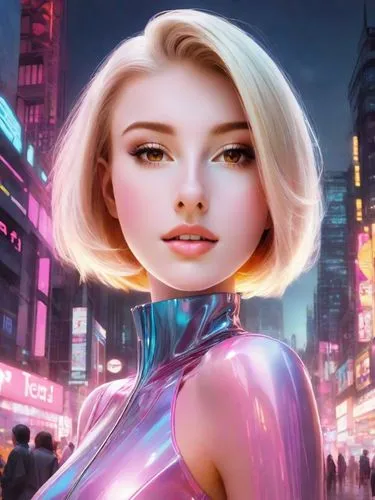 A beautiful futuristic peroxide blonde android with plastic skin and a bob hairstyle with pink ombre at the tips, shiny clothes, plenty of bold colourful makeup like a Revlon advert of the distant fut