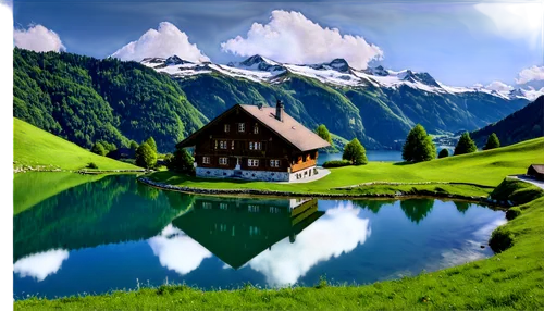 landscape background,alpine landscape,home landscape,nature background,mountain scene,alpine pastures,alpine village,green landscape,background view nature,world digital painting,mountain landscape,house in mountains,swiss alps,house with lake,mountainous landscape,nature landscape,swiss house,paysage,beautiful landscape,houses clipart,Illustration,Retro,Retro 25