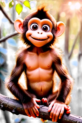 Mischievous monkey, solo, (5yo), furry body, long tail, big eyes, smiling face, white teeth, brown fur, sitting on a branch, claws grasping, playful pose, shallow depth of field, warm sunlight filteri