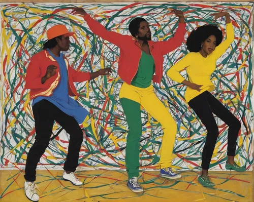 dancers,afro american girls,rope skipping,dance with canvases,sports dance,three primary colors,dancing,hip-hop dance,modern pop art,rainbow jazz silhouettes,go-go dancing,children jump rope,hoop (rhythmic gymnastics),dance,athletic dance move,elastic bands,concert dance,gazelles,sport aerobics,jumping rope,Conceptual Art,Oil color,Oil Color 15