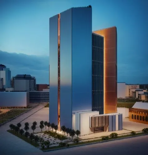 an artistic rendering of a tall building in the sunset,rotana,luanda,mubadala,largest hotel in dubai,abidjan,azrieli,Photography,General,Cinematic