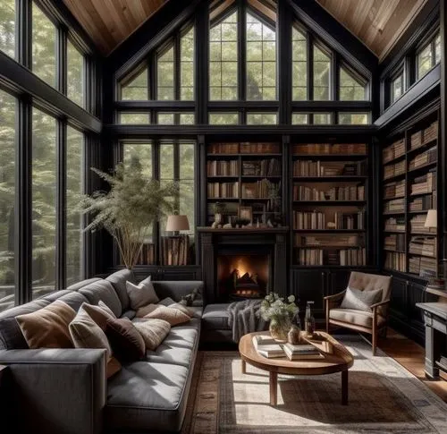 bookshelves,reading room,living room,livingroom,book wall,the cabin in the mountains,wooden beams,sitting room,bookcase,beautiful home,great room,fire place,wooden windows,family room,loft,interior de