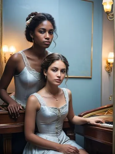 The two Legrand sisters in a Parisian piano bar. It should look as if a French Impressionist, as if Edgar Degas had painted the whole scene.,two women in dresses sitting next to each other,maidservant