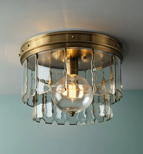 textured thick clear glass flush mount finish in antique brass,a golden ceiling light with a clear globe inside,halogen spotlights,halogen light,ceiling light,retro lampshade,ceiling lamp,halogen bulb