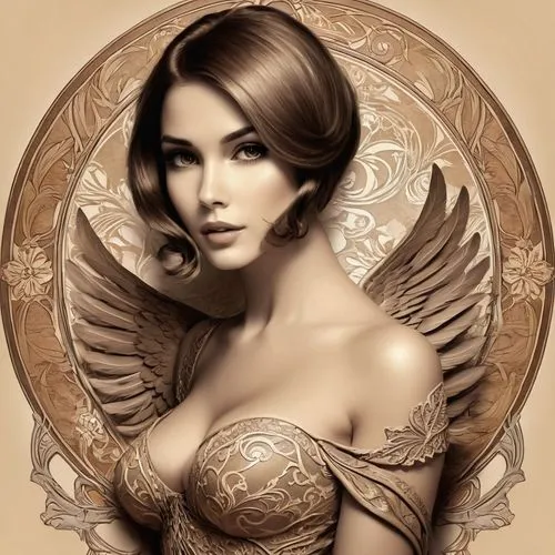 vintage angel,art deco woman,angel wings,viveros,angel wing,baroque angel,winged heart,vintage woman,fantasy portrait,fantasy art,winged,flapper,sepia,vanderhorst,mucha,faerie,faery,seraphim,rocketeer,bird wings,Illustration,Retro,Retro 13