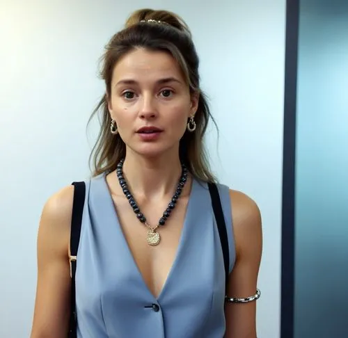 Same person wearing necklace and bracelets. She is  wearing a tucked in office suit and walking,a beautiful young woman standing in front of a mirror,hadid,burcu,sarikaya,shailene,cailin,hatun