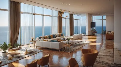 Interior view of Living Room, indian theme design elements, full height glazing having sea views outside,penthouses,hoboken condos for sale,livingroom,modern living room,living room,luxury home interi