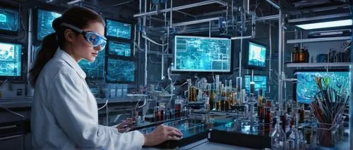 futuristic laboratory interior, high-tech machinery, motherboards, wires, microchips, CPU units, robotic arms, metallic surfaces, neon lights, holographic displays, scientist in white coat, goggles, g