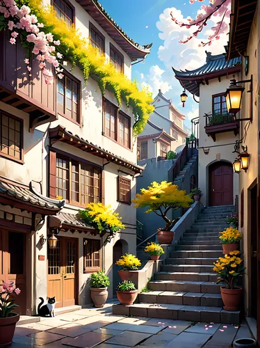 japanese architecture,asian architecture,kyoto,alley,alleyway,spa town,narrow street,spring blossoms,japanese sakura background,sakura blossoms,japan landscape,meteora,tsukemono,sakura background,sakura trees,street cat,neighborhood,sakura tree,bukchon,world digital painting,Anime,Anime,Cartoon