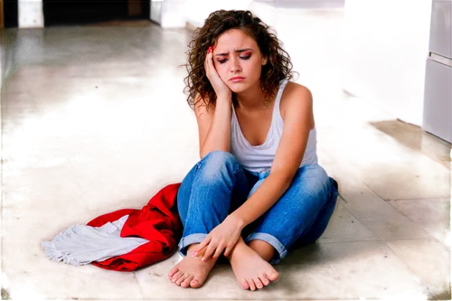 Woman, sad expression, tears streaming down face, red eyes, messy mascara, curly brown hair, white tank top, ripped jeans, bare feet, sitting on floor, slumped back, hands covering face, sorrowful atm