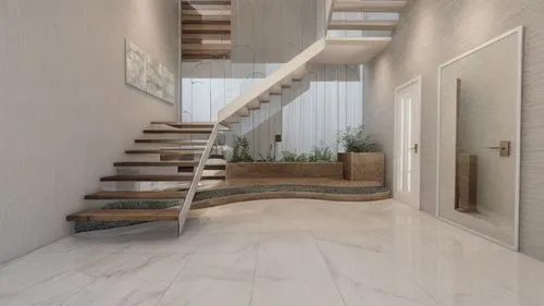 Modern staircase with glass handrail, landscape and water body, daylight render,hallway space,outside staircase,ceramic floor tile,wooden stairs,wooden stair railing,3d rendering,staircase,stone stair