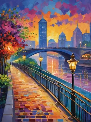 colorful city,dubbeldam,art painting,schuylkill,colorful light,landscape background,welin,city scape,night scene,oil painting on canvas,cityscapes,streetlamps,riverwalk,riverfront,street lamps,pont,splendid colors,river landscape,street lights,stone arch,Conceptual Art,Oil color,Oil Color 25