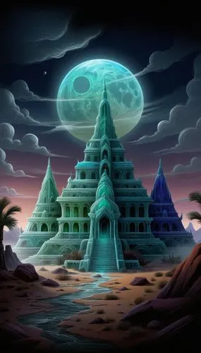 an artistic fantasy scene of a building with moon in the background,cartoon video game background,pyramids,kharut pyramid,step pyramid,eternia,temples,Illustration,Realistic Fantasy,Realistic Fantasy 