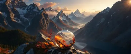 a bird's eye view of a mountain landscape,fire in the mountains,fire mountain,mountain sunrise,autumn mountains,mountains,fire background,erebor,firefall,high mountains,campfire,the spirit of the moun