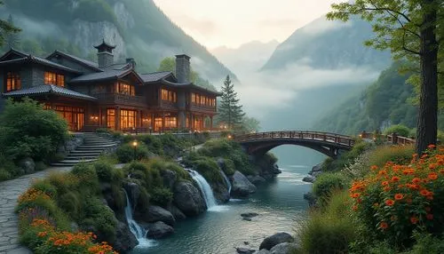 house in mountains,house in the mountains,rivendell,beautiful landscape,landscapes beautiful,wooden bridge,suiza,fantasy landscape,nature landscape,austria,beautiful home,switzerland chf,switzerland,home landscape,scenic bridge,bernese oberland,river landscape,the cabin in the mountains,swiss alps,southeast switzerland,Photography,General,Realistic