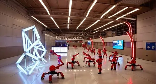 In a vast space, the bright red arena is filled with ominous spectators. The spheres are glowing, and circuits are stacked with wires spinning in the air beneath their feet. A pair of robotic athletes